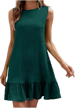 Rvidbe Summer Dresses for Women 2025 Vacation Beach Ruffle Hem Sleeveless Tank Dress Round Neck Casual Smock Mini Dresses