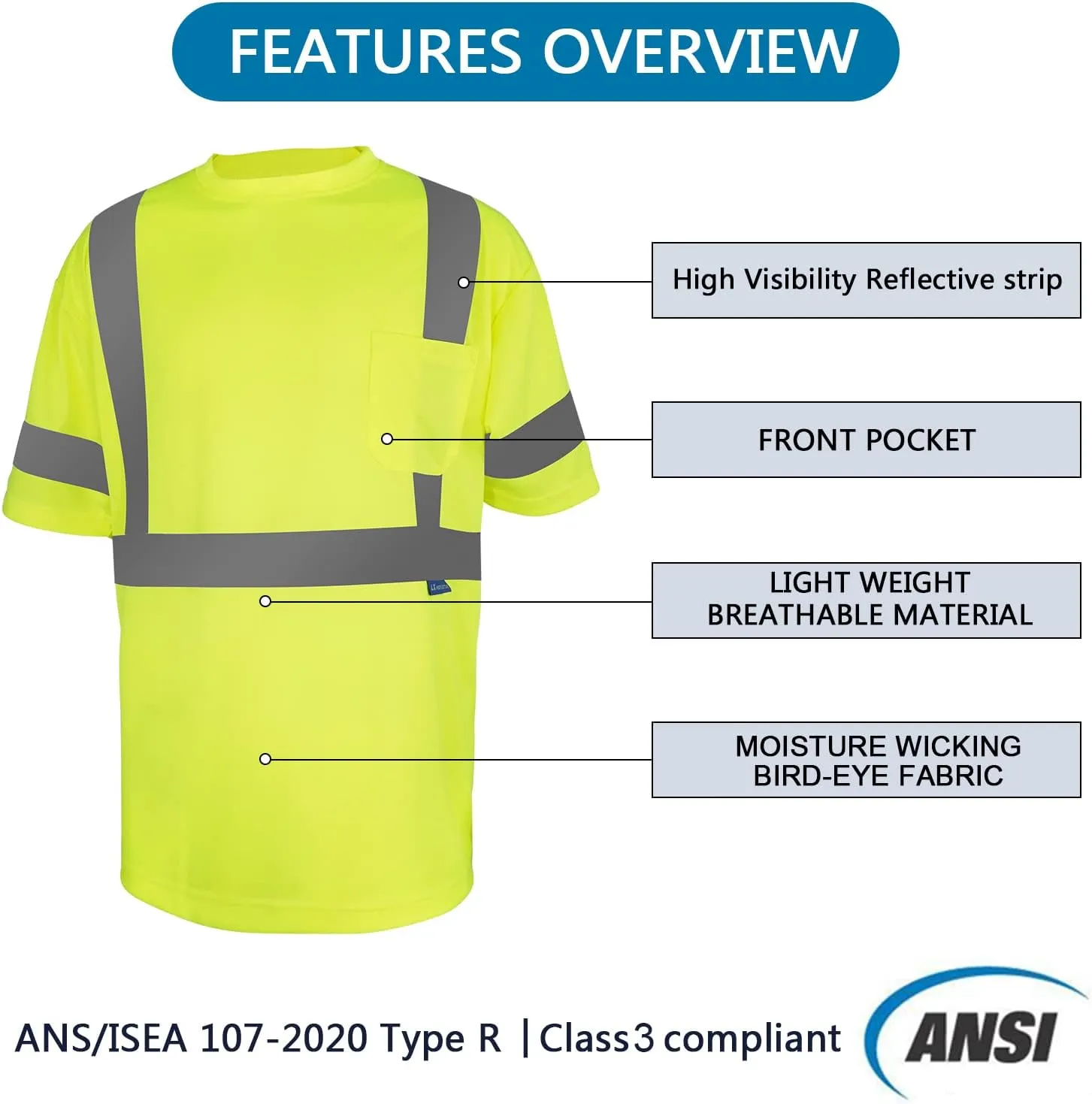 Safety Shirt short Sleeve High Visibility Reflective Breathable T Shirt for Work Warehouse Construction Class 3