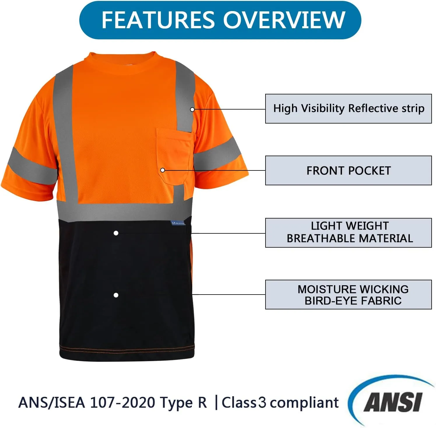 Safety Shirt short Sleeve High Visibility Reflective Breathable T Shirt for Work Warehouse Construction Class 3