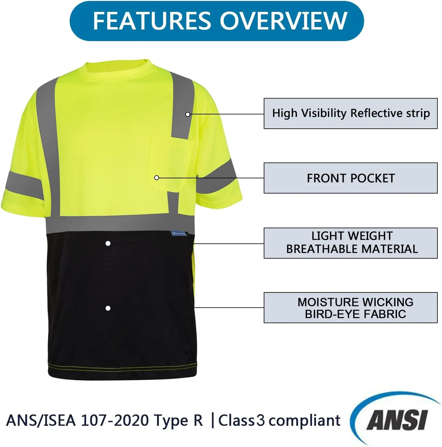 Safety Shirt short Sleeve High Visibility Reflective Breathable T Shirt for Work Warehouse Construction Class 3