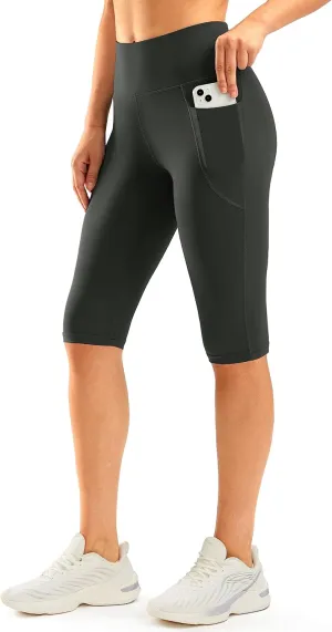 SANTINY Women's Knee Length Capri Leggings with Pockets High Waisted Workout Exercise Yoga Capris Pants for Women