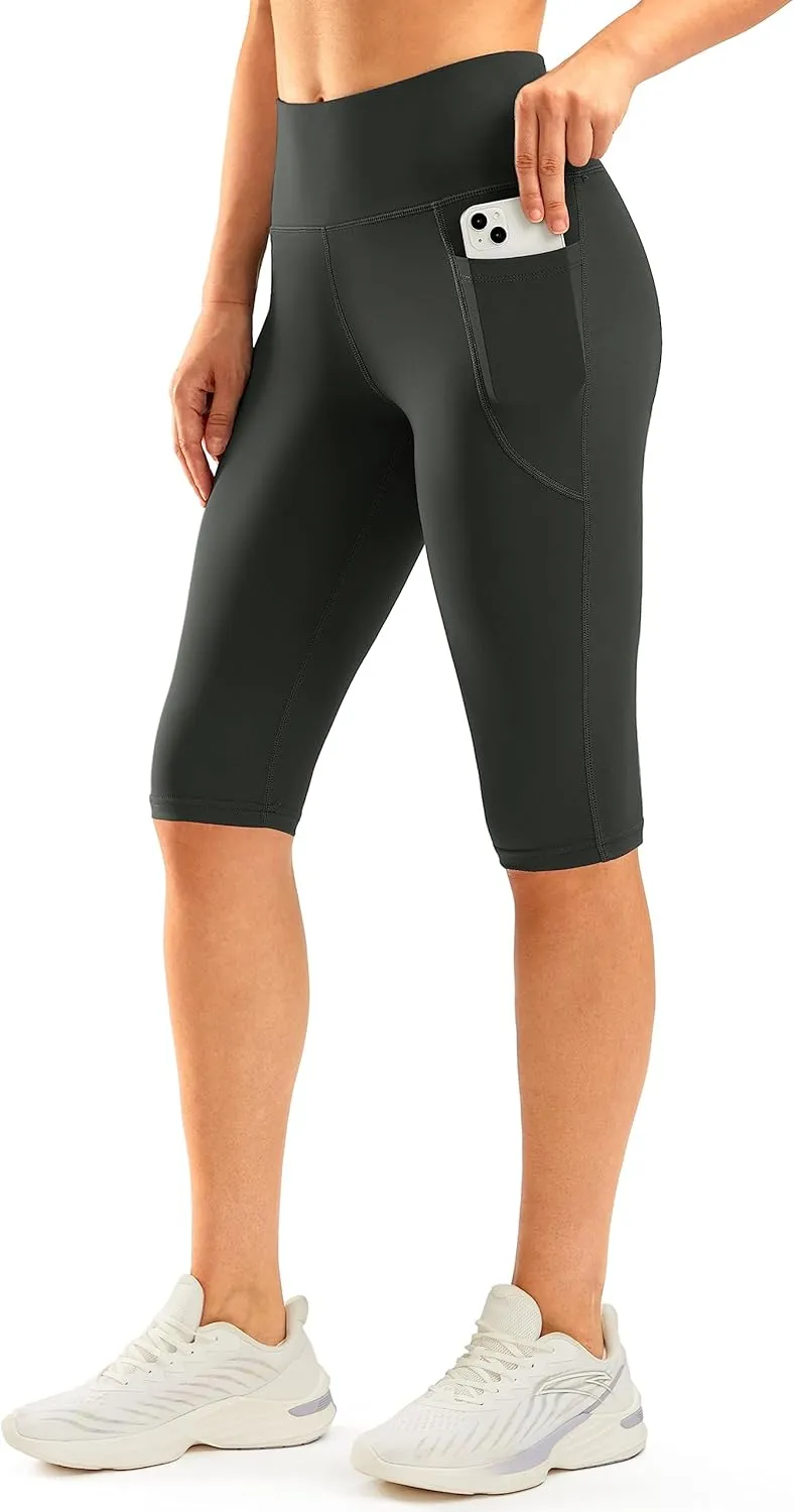 SANTINY Women's Knee Length Capri Leggings with Pockets High Waisted Workout Exercise Yoga Capris Pants for Women