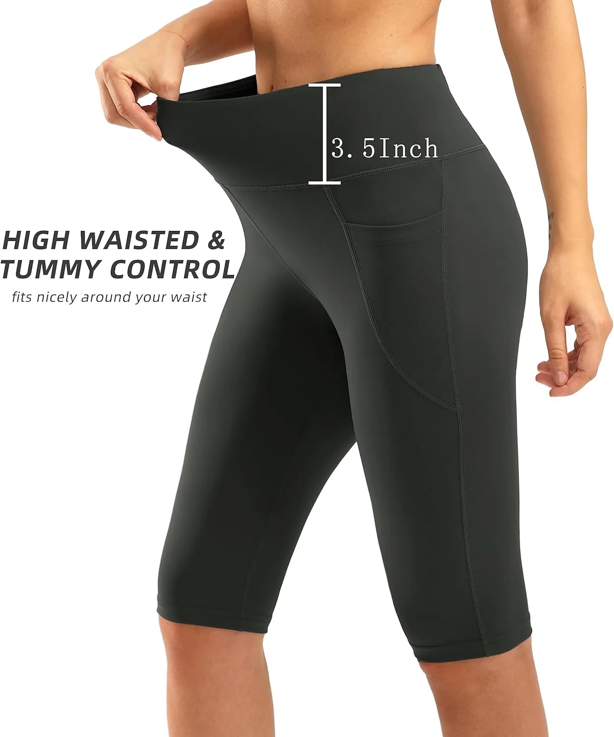 SANTINY Women's Knee Length Capri Leggings with Pockets High Waisted Workout Exercise Yoga Capris Pants for Women