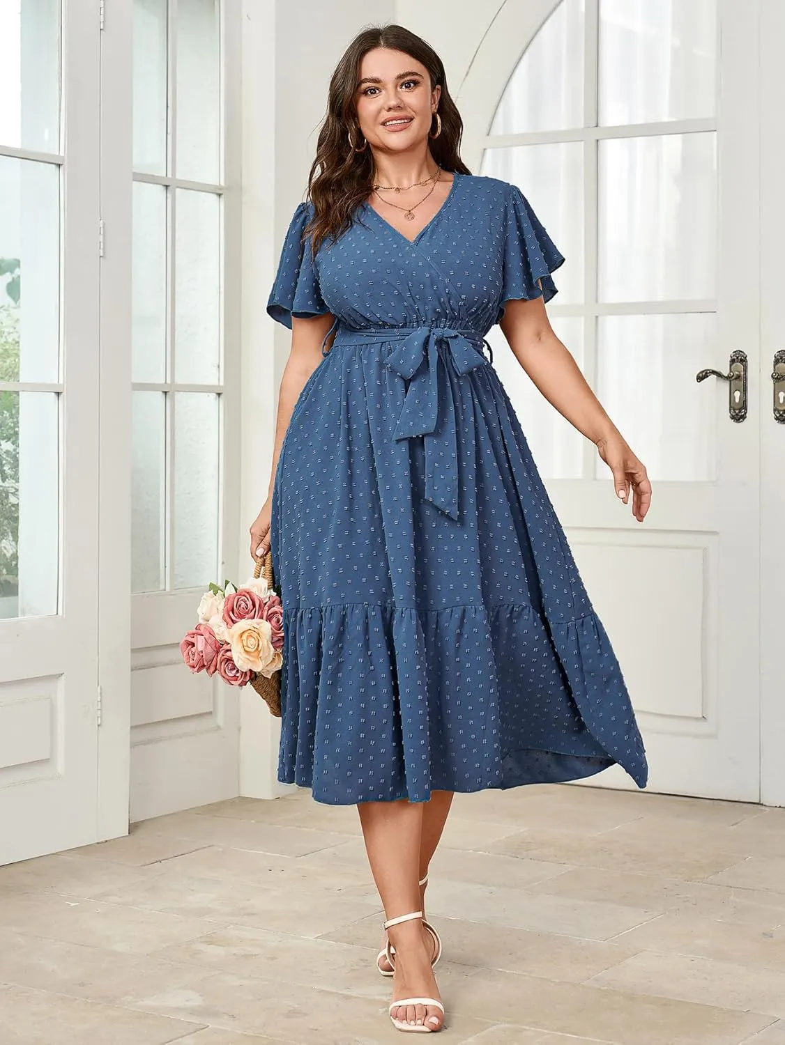 SCOMCHIC Womens Plus Size Wedding Guest Dresses Summer Wrap V Neck Short Sleeve Belted Ruffle Hem A-Line Flowy Maxi Dress