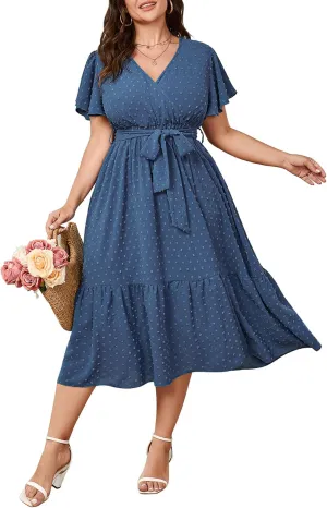 SCOMCHIC Womens Plus Size Wedding Guest Dresses Summer Wrap V Neck Short Sleeve Belted Ruffle Hem A-Line Flowy Maxi Dress