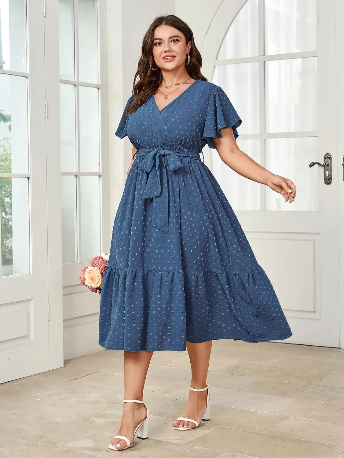 SCOMCHIC Womens Plus Size Wedding Guest Dresses Summer Wrap V Neck Short Sleeve Belted Ruffle Hem A-Line Flowy Maxi Dress