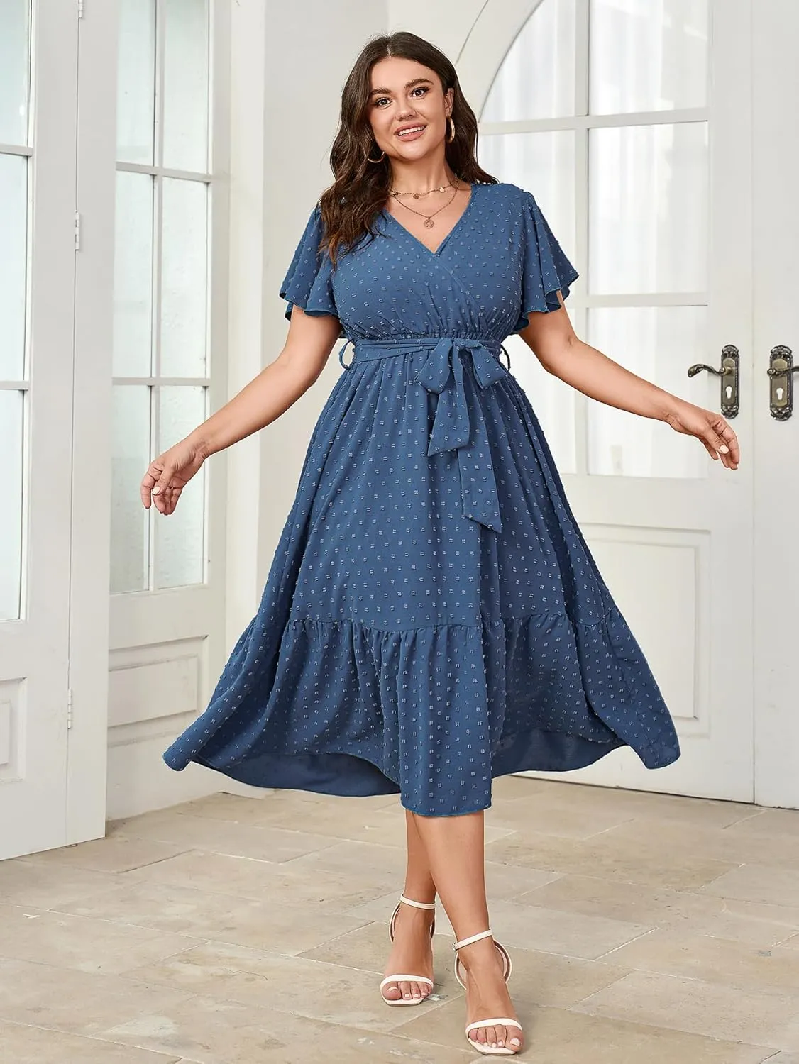 SCOMCHIC Womens Plus Size Wedding Guest Dresses Summer Wrap V Neck Short Sleeve Belted Ruffle Hem A-Line Flowy Maxi Dress