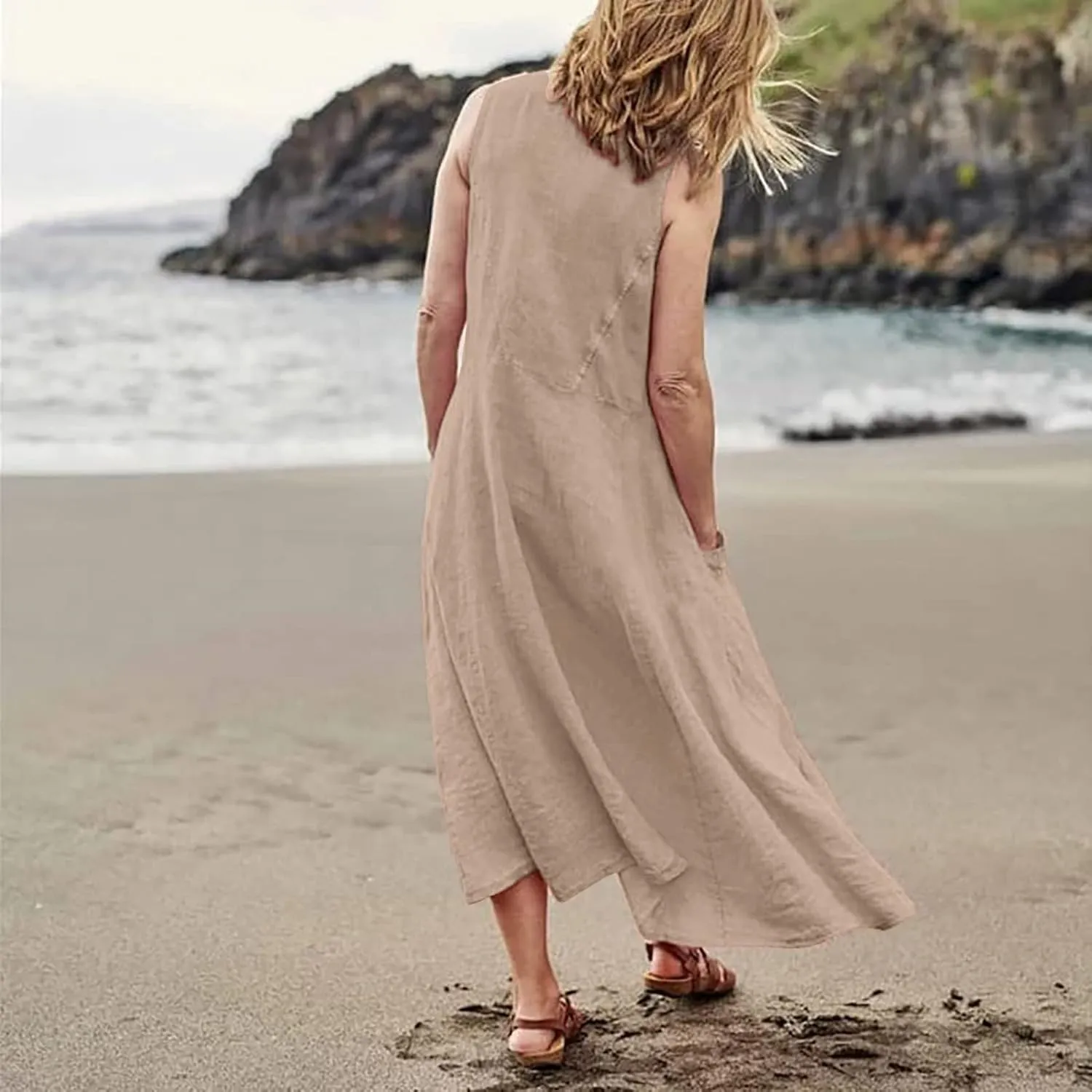 SGASY Summer Dresses for Women 2025 Sleeveless Casual Cotton Linen Sundress Plus Size Maxi Tank Beach Dress with Pocket