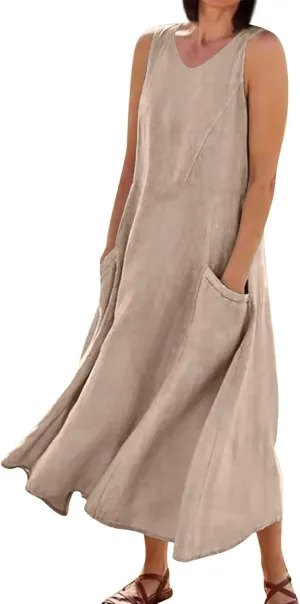 SGASY Summer Dresses for Women 2025 Sleeveless Casual Cotton Linen Sundress Plus Size Maxi Tank Beach Dress with Pocket