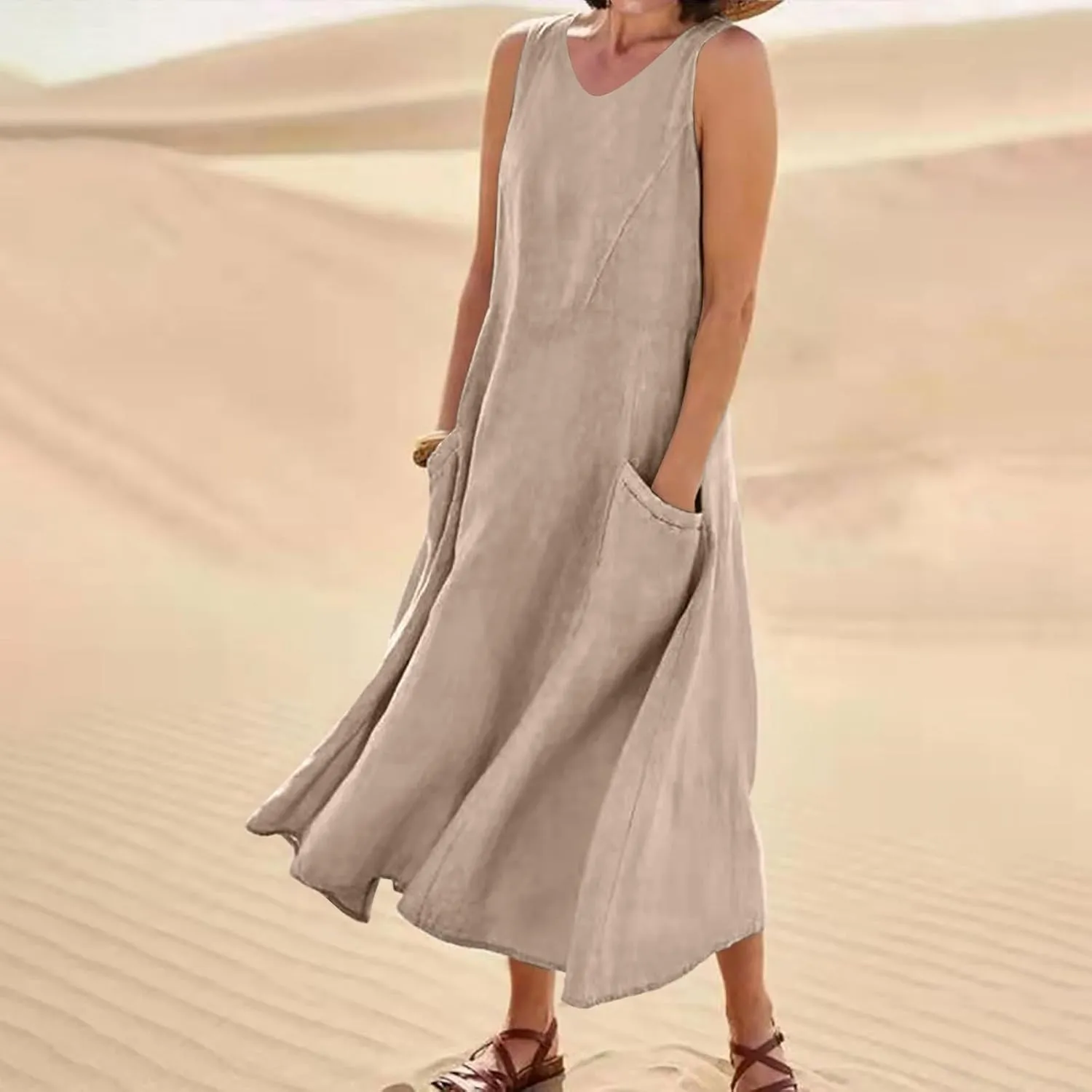 SGASY Summer Dresses for Women 2025 Sleeveless Casual Cotton Linen Sundress Plus Size Maxi Tank Beach Dress with Pocket