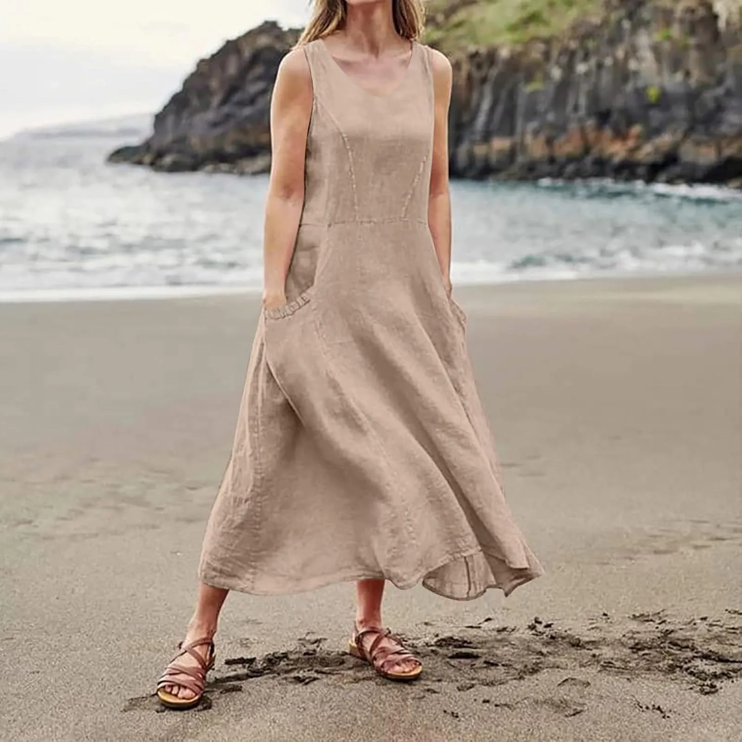 SGASY Summer Dresses for Women 2025 Sleeveless Casual Cotton Linen Sundress Plus Size Maxi Tank Beach Dress with Pocket