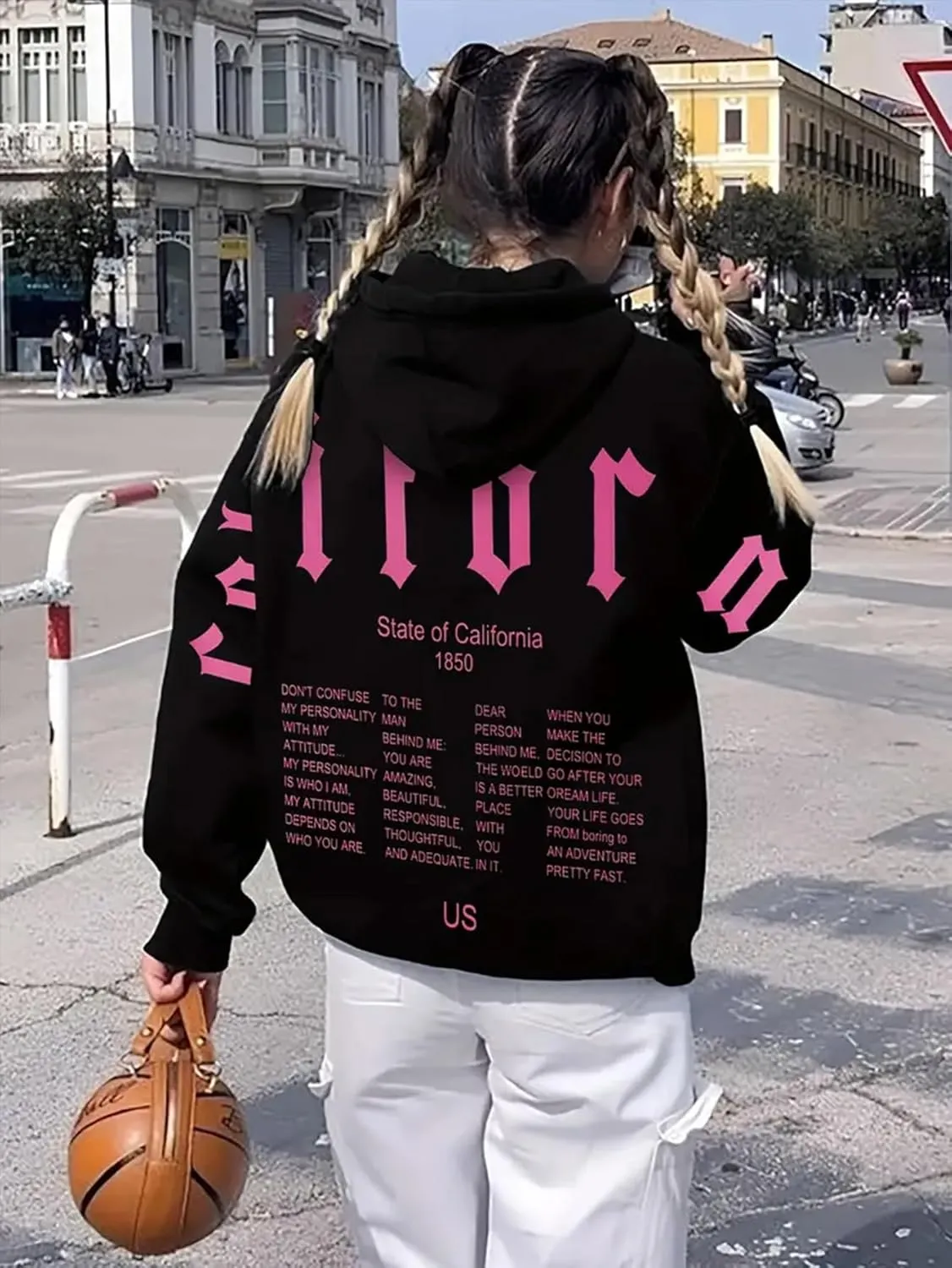 SHENHE Women's Oversized Hoodies Graphic Letter Print Drawstring Sweatshirt Pullover