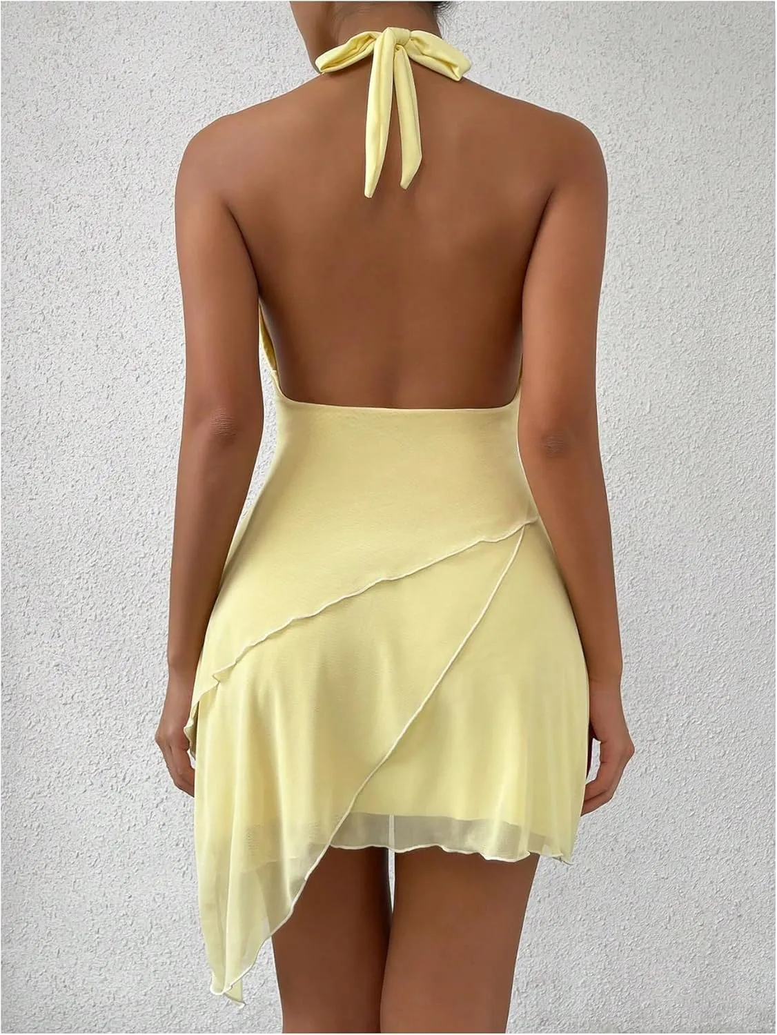 SHENHE Women's Sexy Halter Tie Mini Dress Backless Ruffle Trim Deep V Neck Lace Mesh Plunge Party Dress