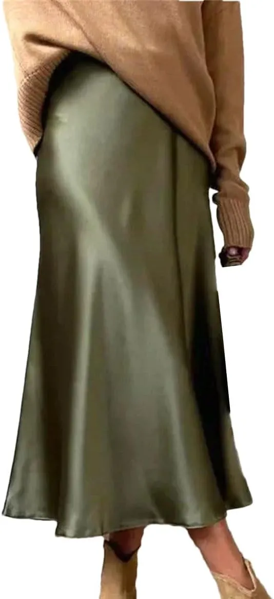 Silk Satin Skirts for Women Business Office High Waist A-Line Skirt Elegant Solid Long Pencil Skirts