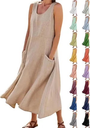 Sleeveless Dress for Women Casual Cute Maxi Sundresses Midi Length Plain Plus Size Linen House Tank Dresses with Pockets
