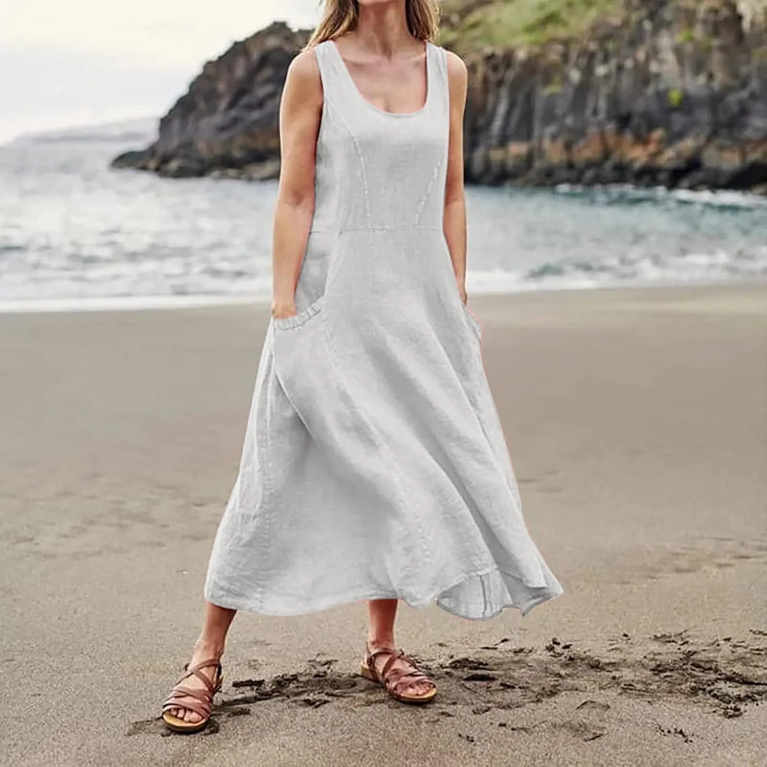 Sleeveless Dress for Women Casual Cute Maxi Sundresses Midi Length Plain Plus Size Linen House Tank Dresses with Pockets