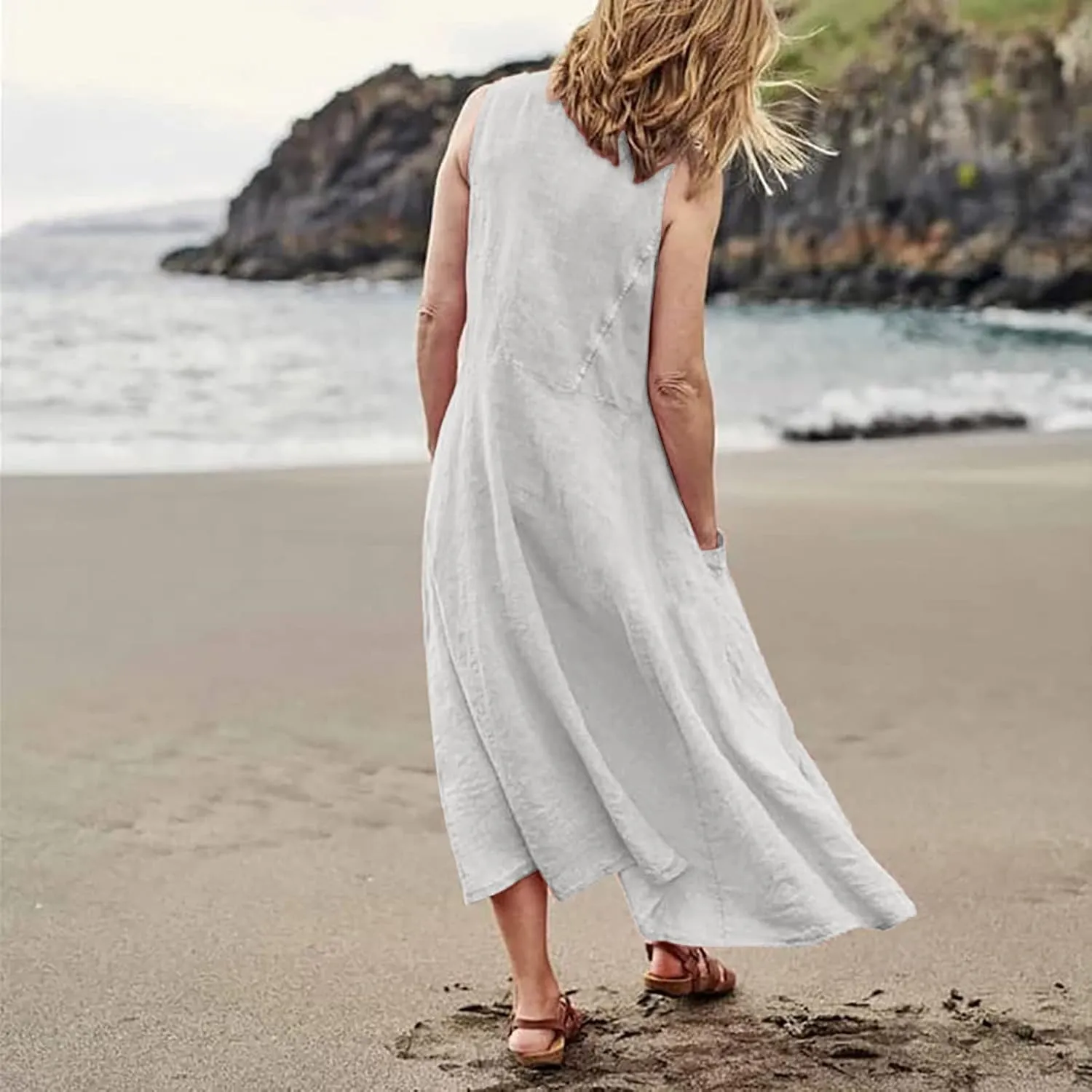 Sleeveless Dress for Women Casual Cute Maxi Sundresses Midi Length Plain Plus Size Linen House Tank Dresses with Pockets