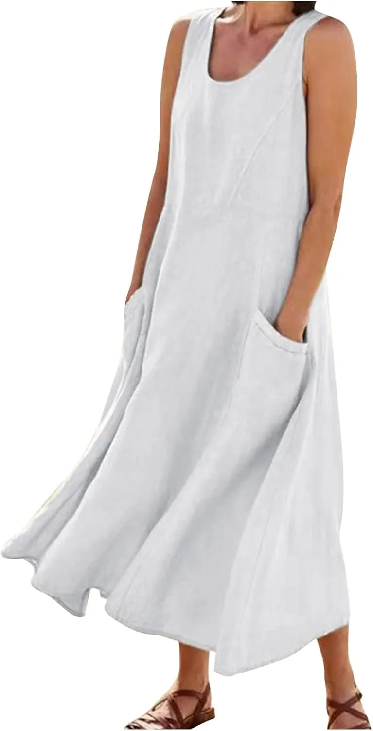 Sleeveless Dress for Women Casual Cute Maxi Sundresses Midi Length Plain Plus Size Linen House Tank Dresses with Pockets