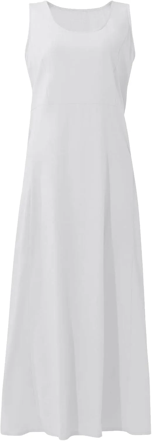 Sleeveless Dress for Women Casual Cute Maxi Sundresses Midi Length Plain Plus Size Linen House Tank Dresses with Pockets