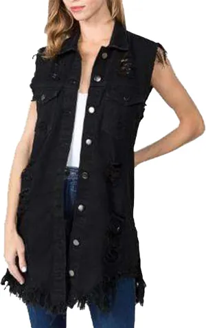 SOMTHRON Women's Distressed Ripped Sleeveless Mid Long Denim Jacket Button Up Jean Vest Cardigan Coats Waistcoat