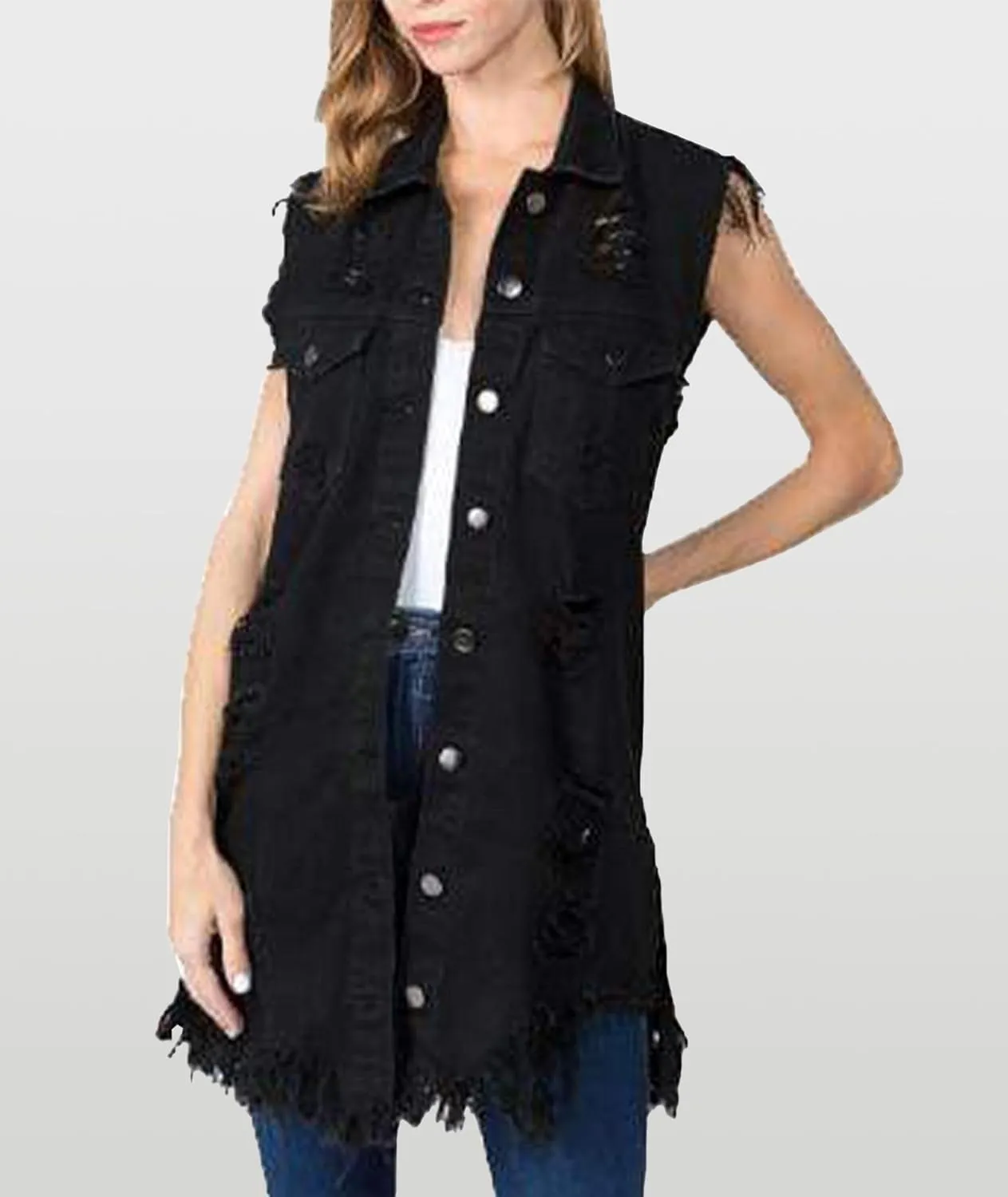 SOMTHRON Women's Distressed Ripped Sleeveless Mid Long Denim Jacket Button Up Jean Vest Cardigan Coats Waistcoat