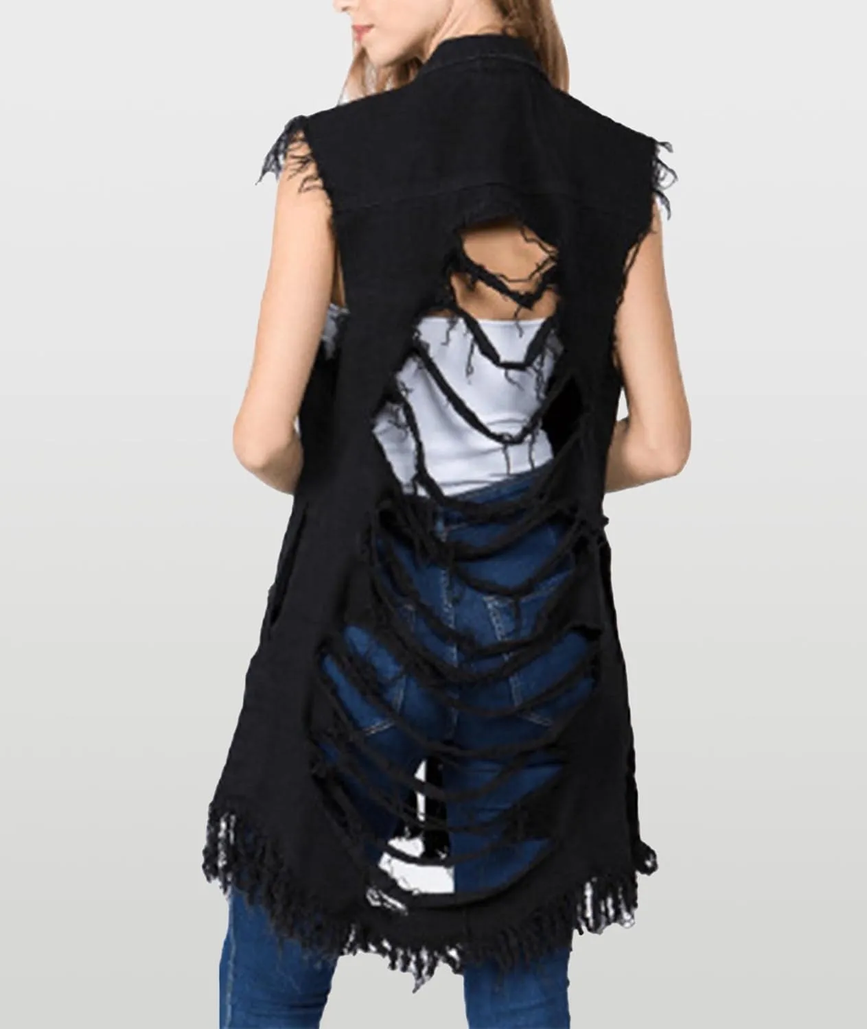 SOMTHRON Women's Distressed Ripped Sleeveless Mid Long Denim Jacket Button Up Jean Vest Cardigan Coats Waistcoat