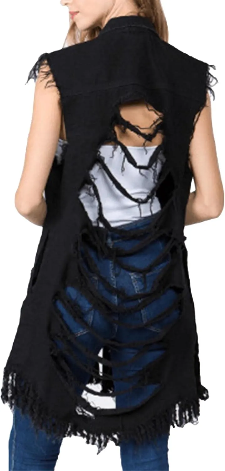 SOMTHRON Women's Distressed Ripped Sleeveless Mid Long Denim Jacket Button Up Jean Vest Cardigan Coats Waistcoat