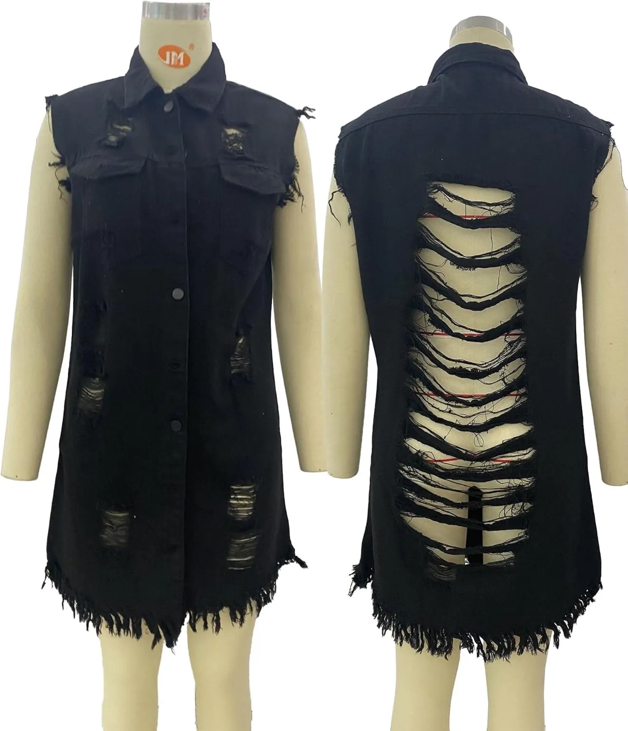 SOMTHRON Women's Distressed Ripped Sleeveless Mid Long Denim Jacket Button Up Jean Vest Cardigan Coats Waistcoat