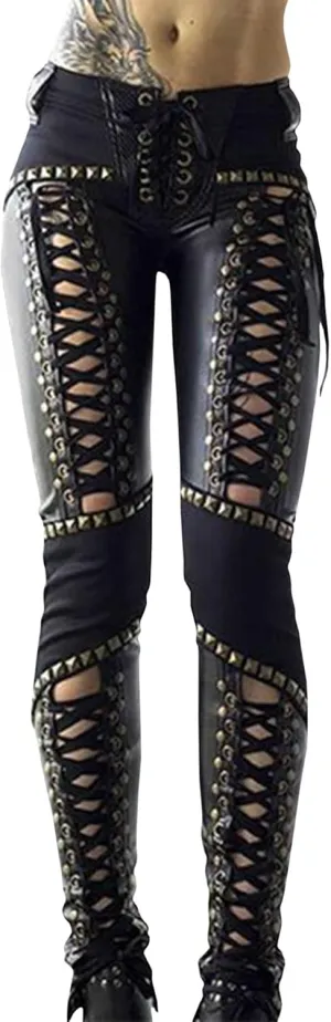 SOMTHRON Women's Lace Up PU Leather Pants Skinny Leggings Hollow Out Bandage Gothic Punk Studded Tight Pants