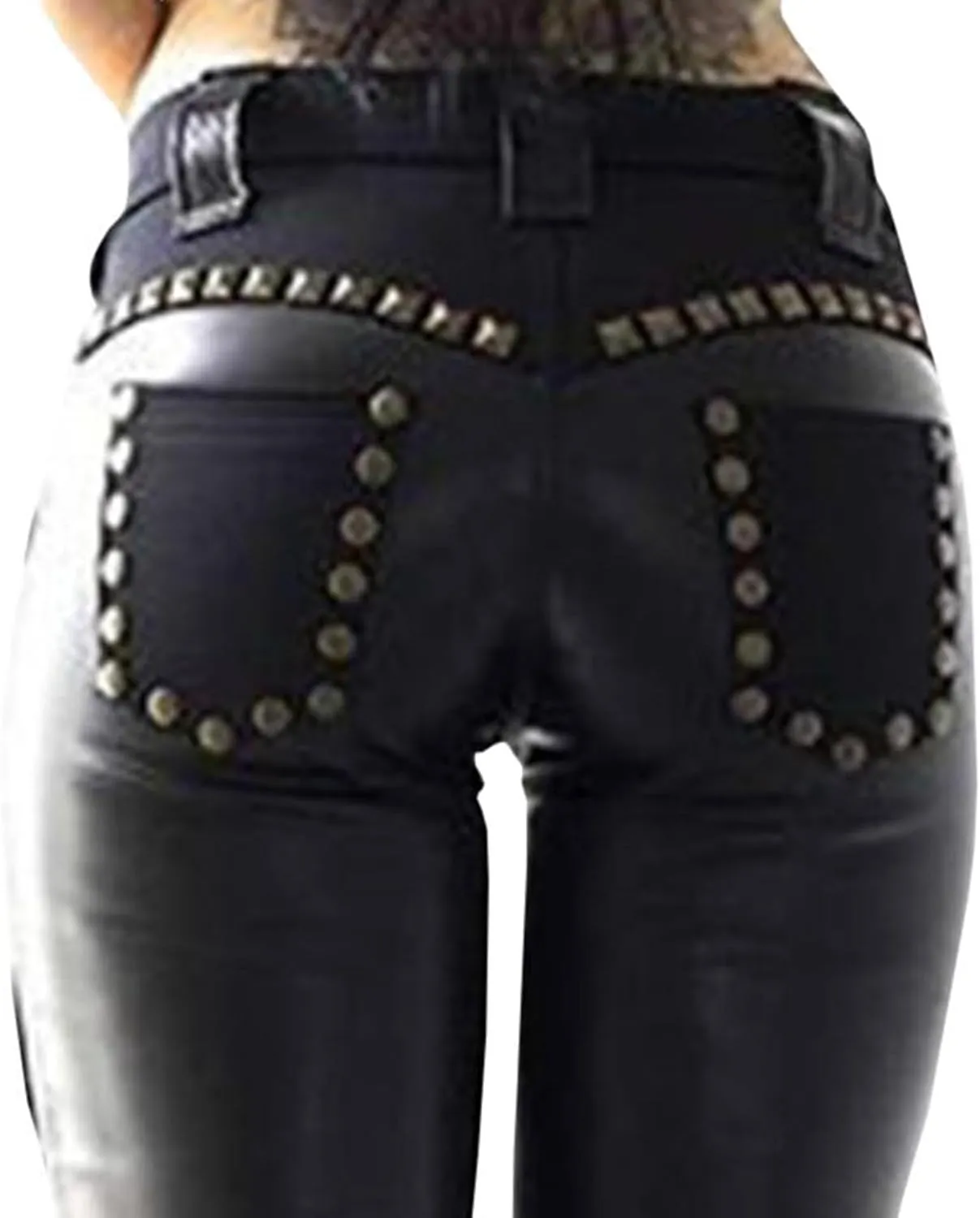 SOMTHRON Women's Lace Up PU Leather Pants Skinny Leggings Hollow Out Bandage Gothic Punk Studded Tight Pants