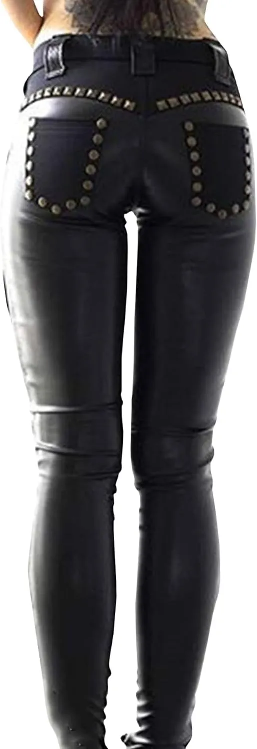 SOMTHRON Women's Lace Up PU Leather Pants Skinny Leggings Hollow Out Bandage Gothic Punk Studded Tight Pants