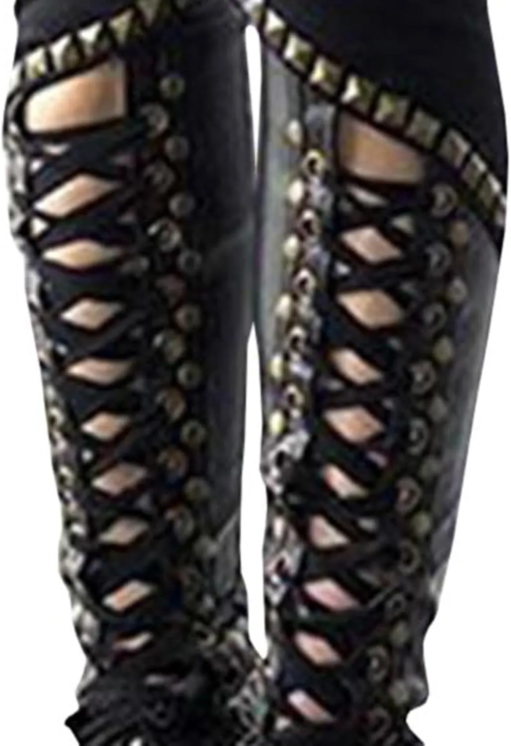 SOMTHRON Women's Lace Up PU Leather Pants Skinny Leggings Hollow Out Bandage Gothic Punk Studded Tight Pants