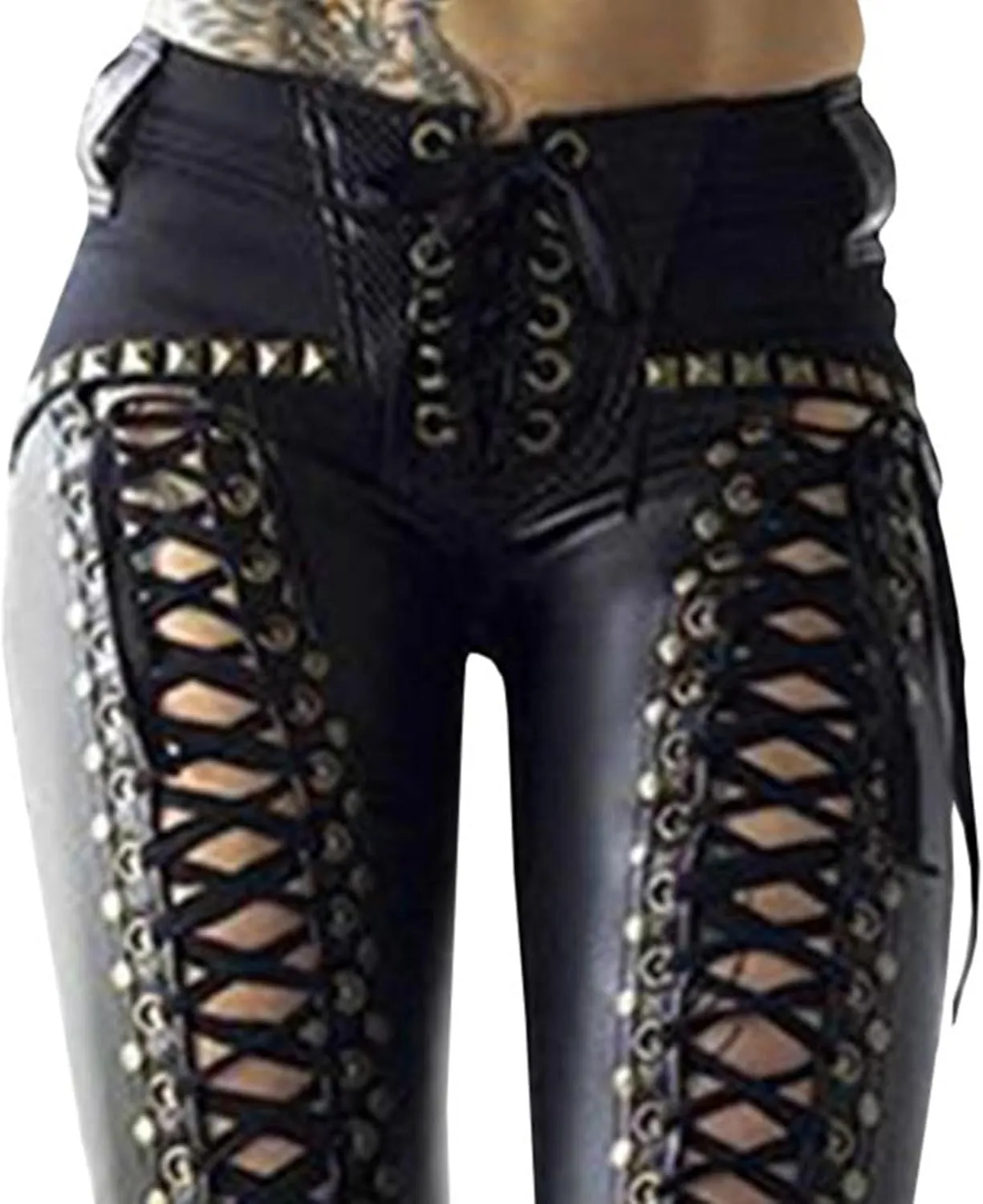 SOMTHRON Women's Lace Up PU Leather Pants Skinny Leggings Hollow Out Bandage Gothic Punk Studded Tight Pants