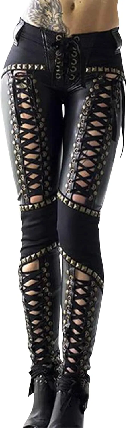 SOMTHRON Women's Lace Up PU Leather Pants Skinny Leggings Hollow Out Bandage Gothic Punk Studded Tight Pants