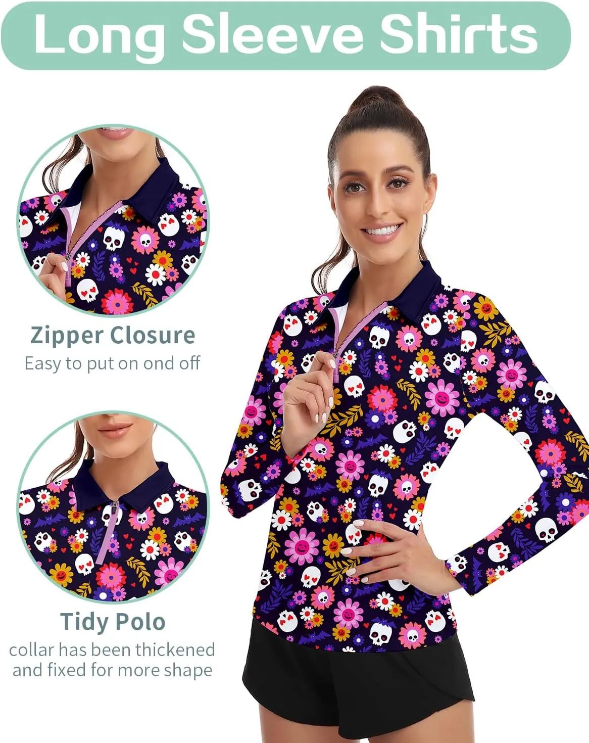 Soneven Women's Long Sleeve Golf Polo Shirts Moisture Wicking Quick Dry Half-Zip Pullover Athletic Workout Striped Tops