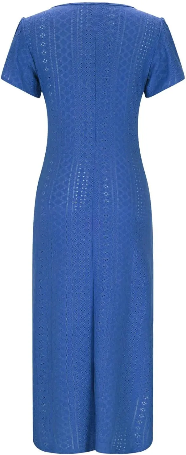 Spring Dresses for Women 2025 Eyelet Ruffle Short Sleeve Solid V Neck Casual Maxi Dresses Beach Vacation Long Dress