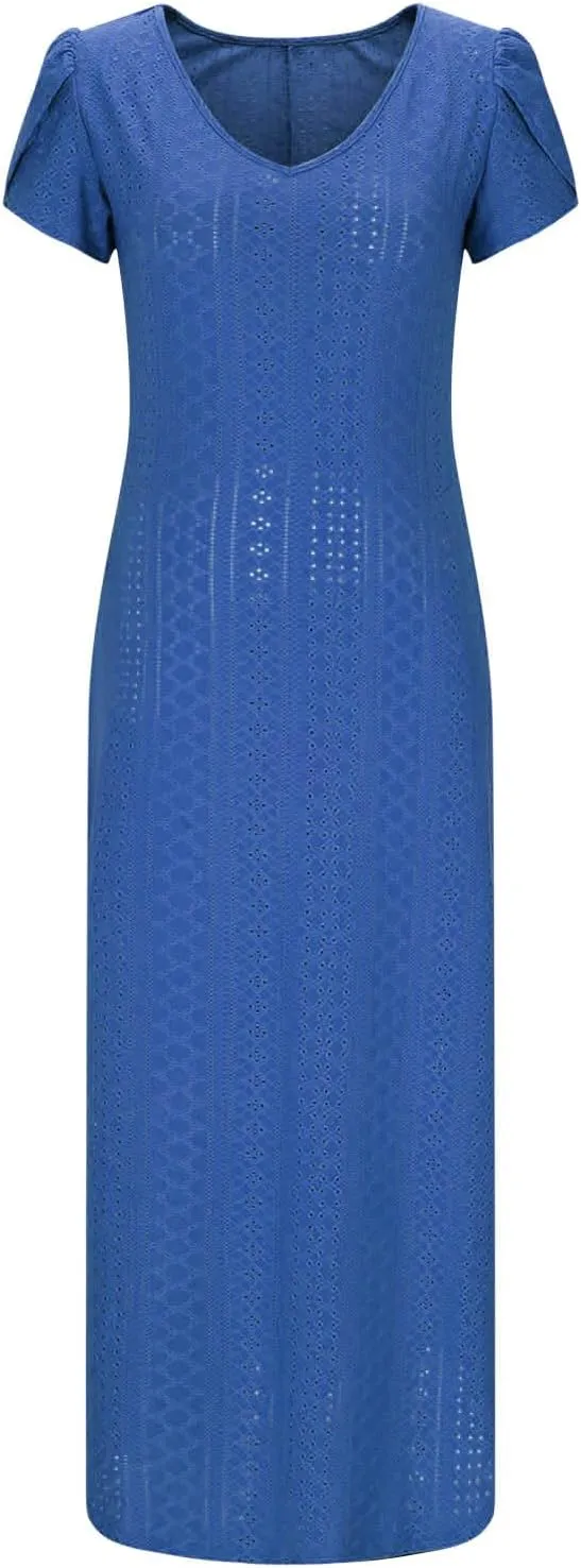 Spring Dresses for Women 2025 Eyelet Ruffle Short Sleeve Solid V Neck Casual Maxi Dresses Beach Vacation Long Dress