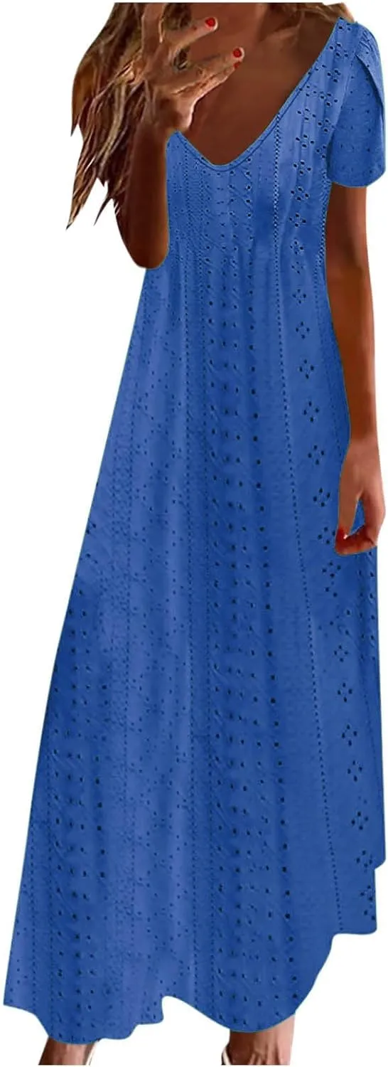 Spring Dresses for Women 2025 Eyelet Ruffle Short Sleeve Solid V Neck Casual Maxi Dresses Beach Vacation Long Dress