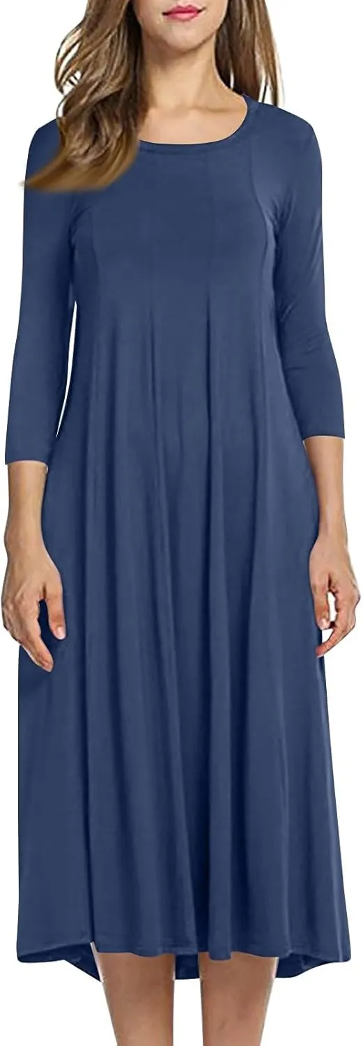 Spring Dresses for Women 2025 Round Neck 3/4 Sleeve A Line Dresses Business Casual Modest Midi Dresses with Pockets
