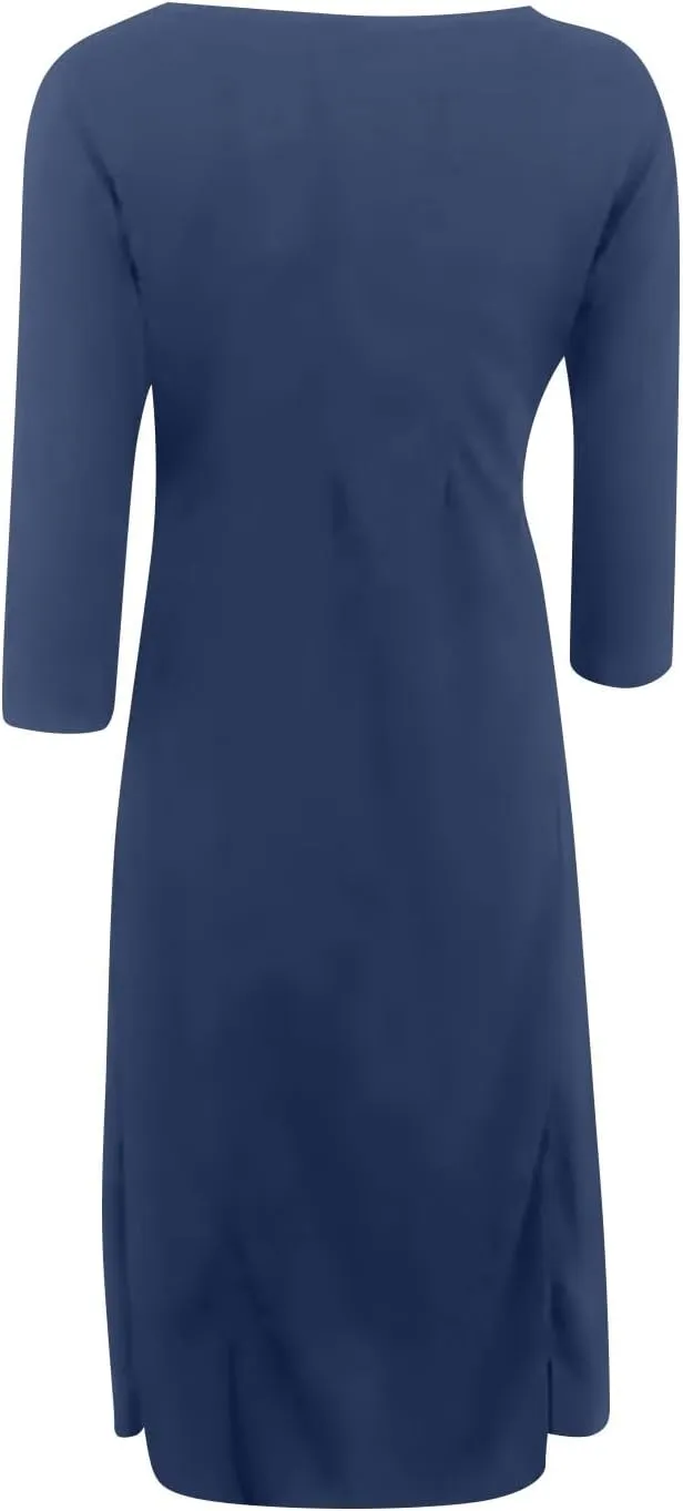 Spring Dresses for Women 2025 Round Neck 3/4 Sleeve A Line Dresses Business Casual Modest Midi Dresses with Pockets