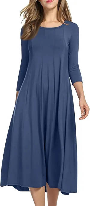 Spring Dresses for Women 2025 Round Neck 3/4 Sleeve A Line Dresses Business Casual Modest Midi Dresses with Pockets