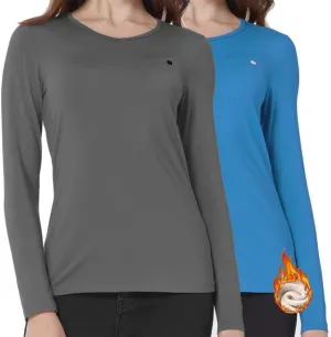 SSLR 2 Pack Women's Thermal Tops, Thermal Underwear for Women Long Sleeve Tee Shirts Basic Layering V Neck Fleece