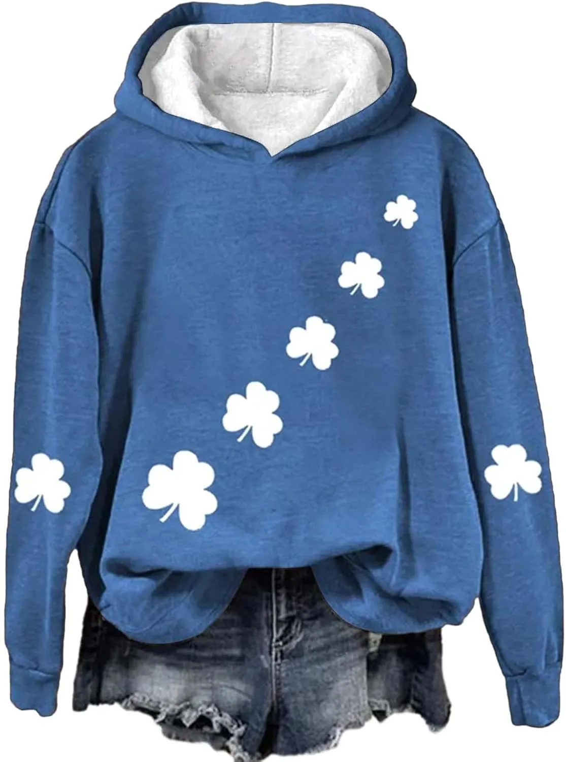 St Patrick's Day Womens Hoodie, Green Irish Shamrock Printed Sweatshirt, Clover Lucky Long Sleeve Oversized Shirts Tops