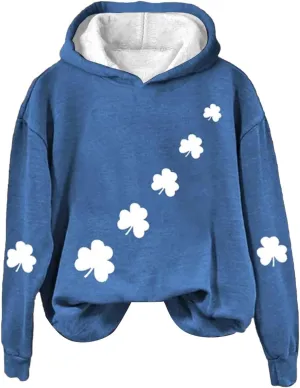 St Patrick's Day Womens Hoodie, Green Irish Shamrock Printed Sweatshirt, Clover Lucky Long Sleeve Oversized Shirts Tops
