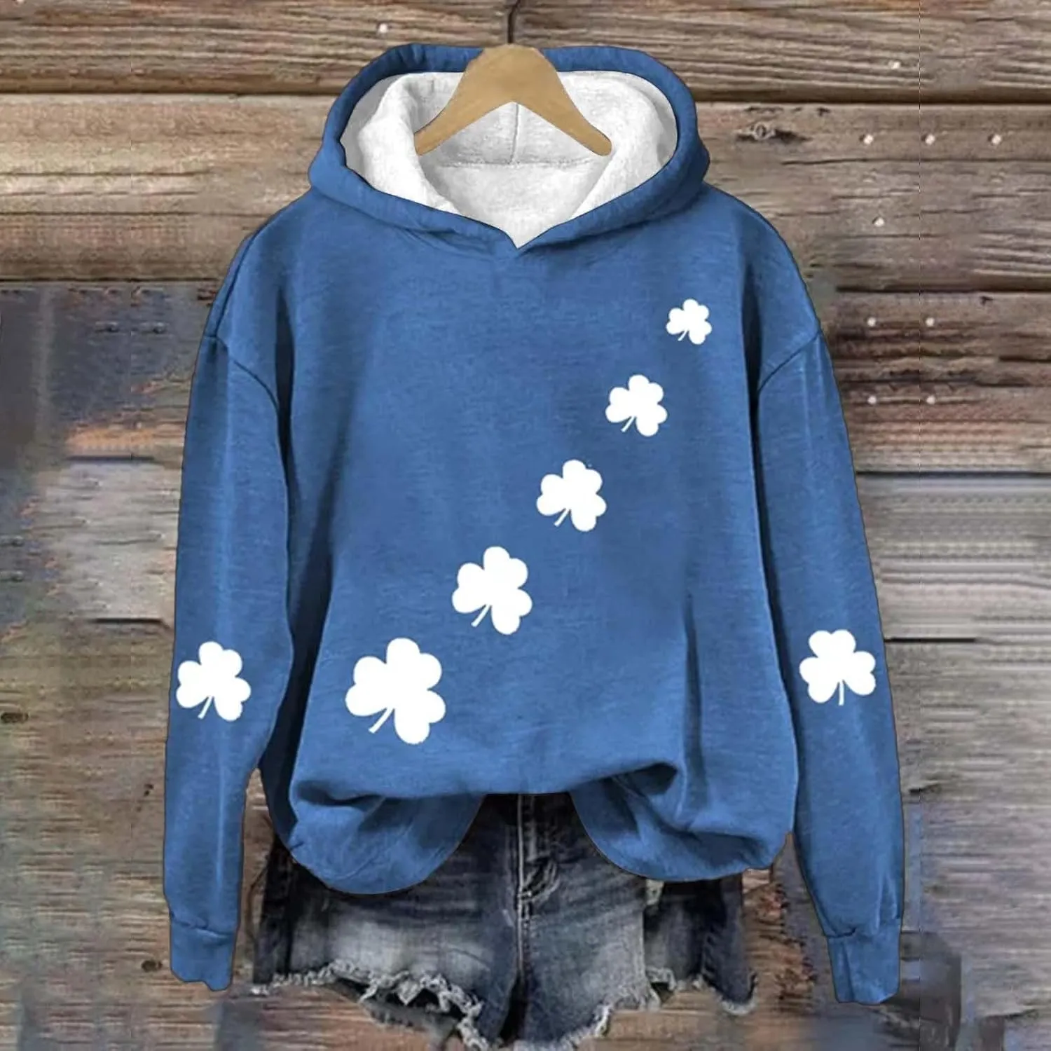 St Patrick's Day Womens Hoodie, Green Irish Shamrock Printed Sweatshirt, Clover Lucky Long Sleeve Oversized Shirts Tops