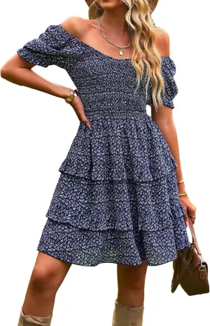 Summer Bohemian Square Neck Dress Neck Floral Print Ruffle Vintage Flowy Beach Vacation Long Midi Boho Mini Dress