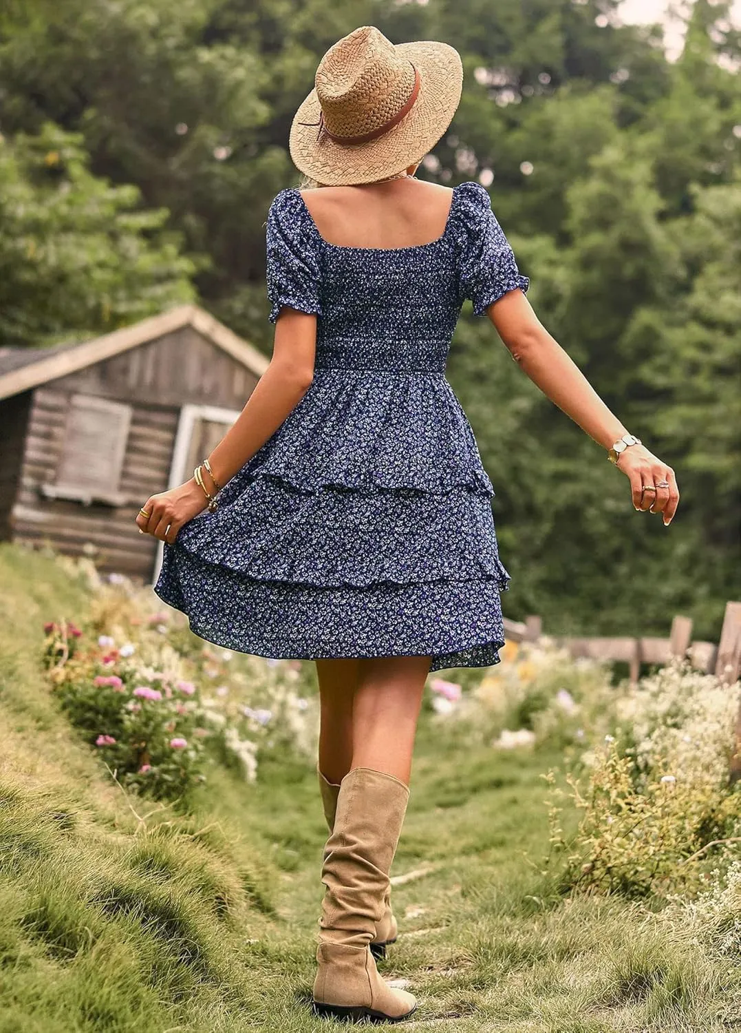 Summer Bohemian Square Neck Dress Neck Floral Print Ruffle Vintage Flowy Beach Vacation Long Midi Boho Mini Dress
