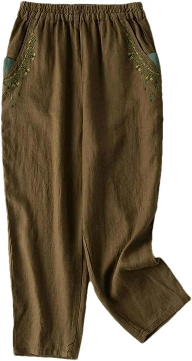 Summer Cotton and Linen Embroidered Carrot Pants Elastic Waist Harem Pocket Loose Casual Nine-Point Pants