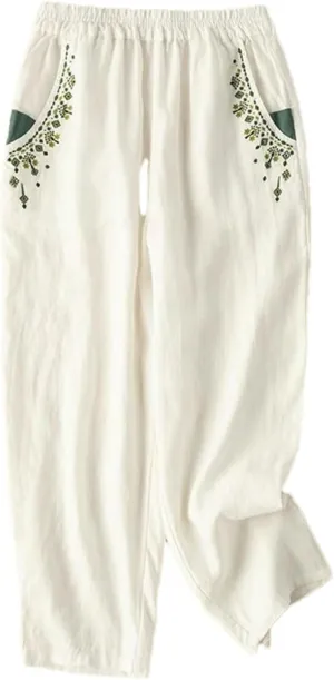 Summer Cotton and Linen Embroidered Carrot Pants Elastic Waist Harem Pocket Loose Casual Nine-Point Pants