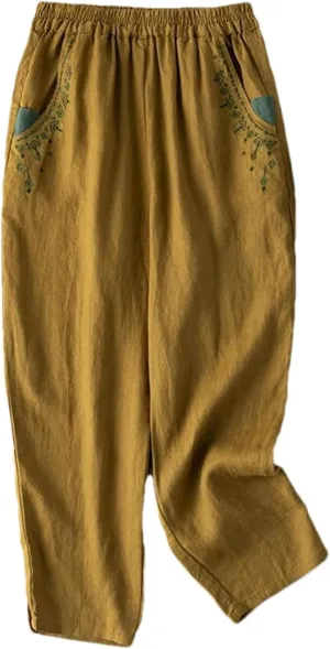 Summer Cotton and Linen Embroidered Carrot Pants Elastic Waist Harem Pocket Loose Casual Nine-Point Pants